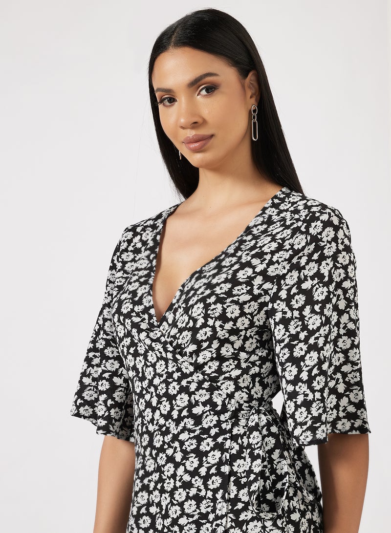 Floral Print Midi Dress Black/White