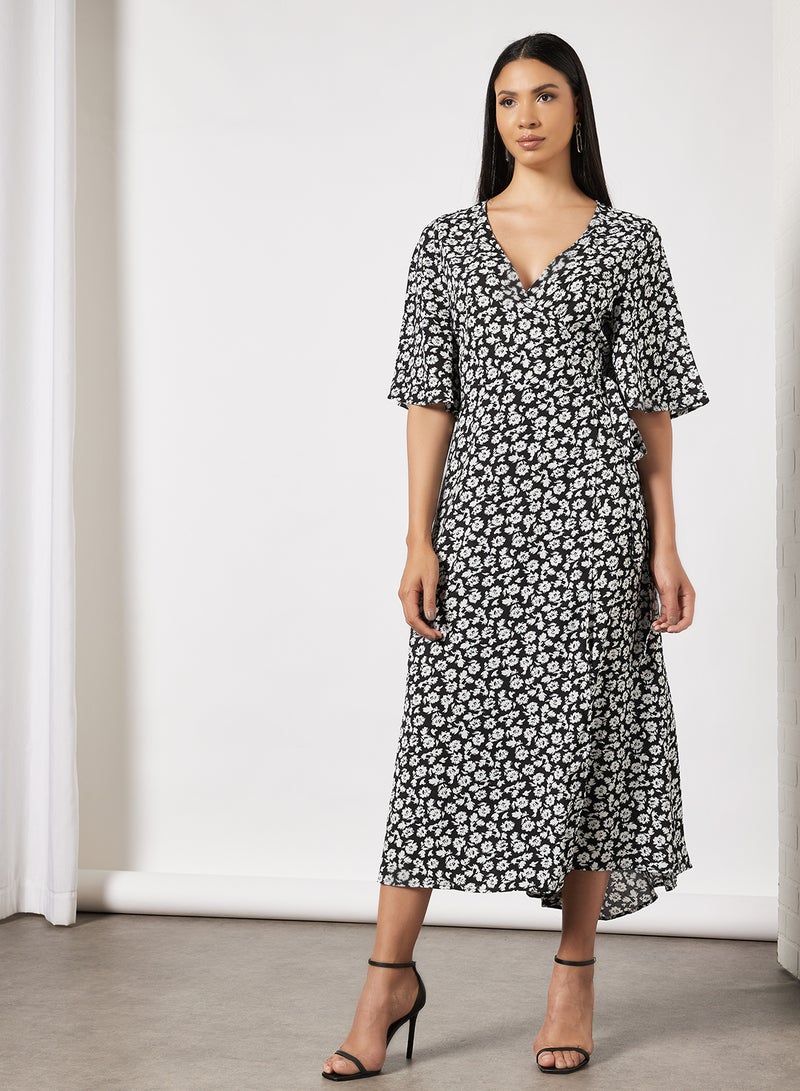 Floral Print Midi Dress Black/White