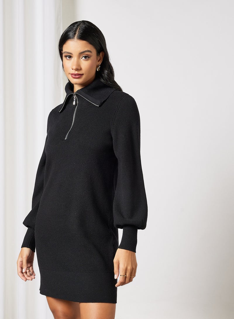Half-Zip Knit Dress Black