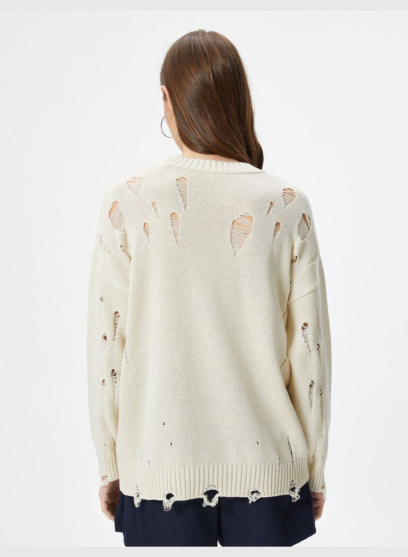 Ripped Knit Sweater Long Sleeve Crew Neck