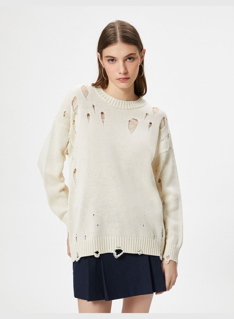 Ripped Knit Sweater Long Sleeve Crew Neck