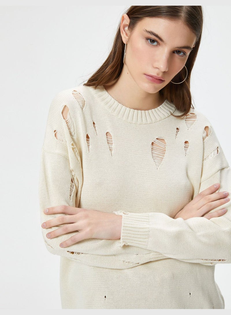 Ripped Knit Sweater Long Sleeve Crew Neck