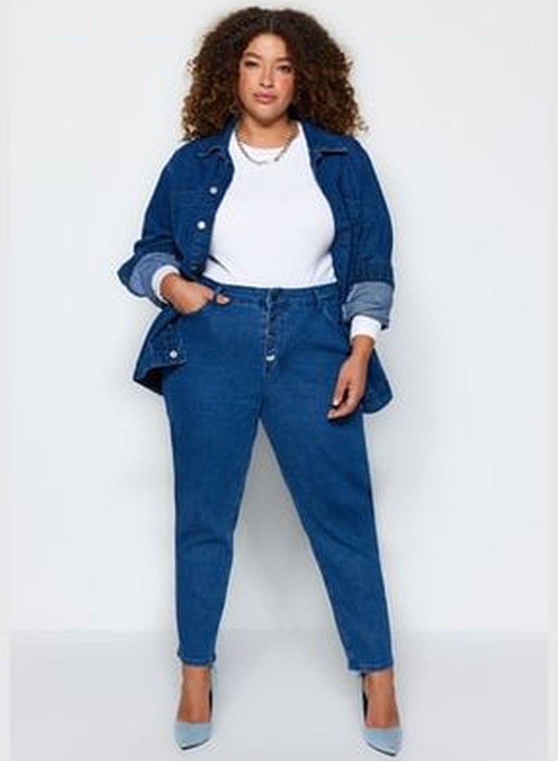 Blue Button Detailed Mom Fit Jeans