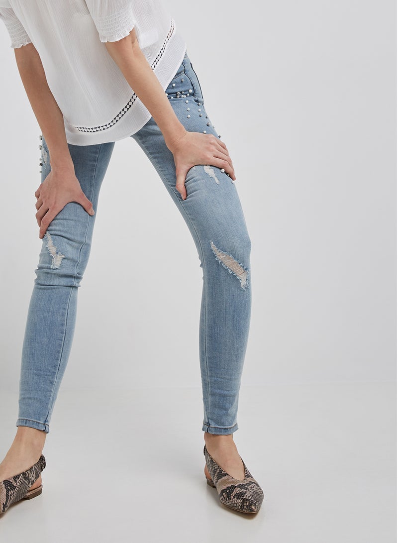 Jewel Embellished Jeans Light Blue