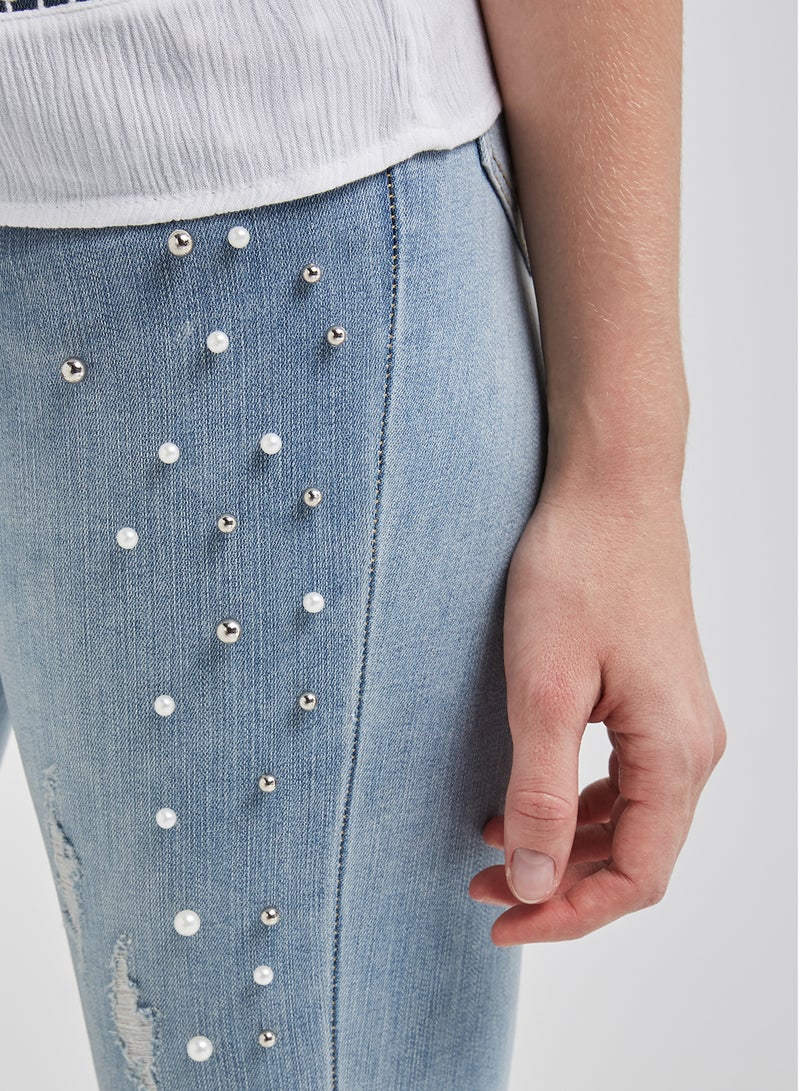 Jewel Embellished Jeans Light Blue