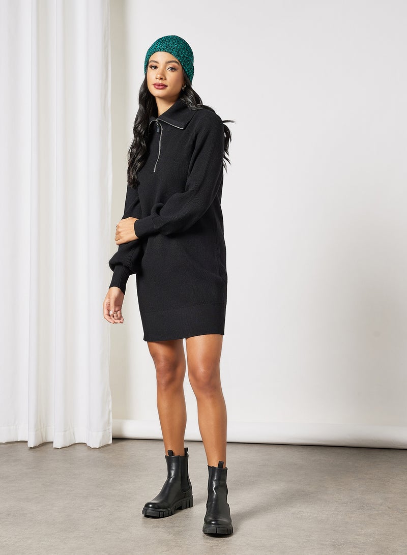 Half-Zip Knit Dress Black