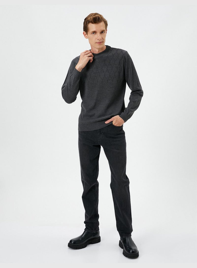 Crew Neck Slim Fit Textured Ribbed Long Sleeve Sweater