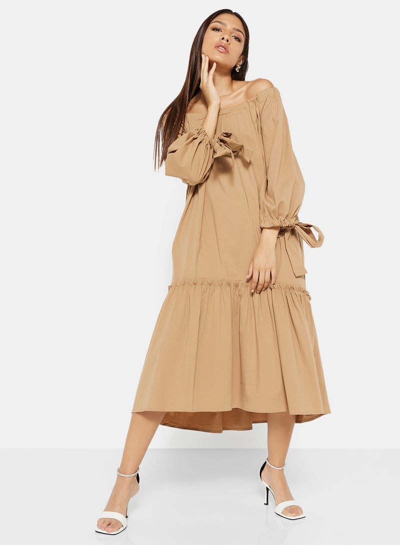 Tie Sleeve Midi Dress Brown