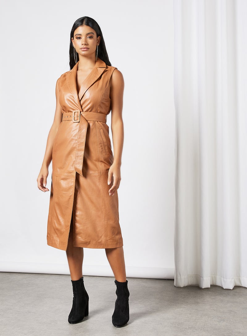 Leather Collared Belted Dress Beige
