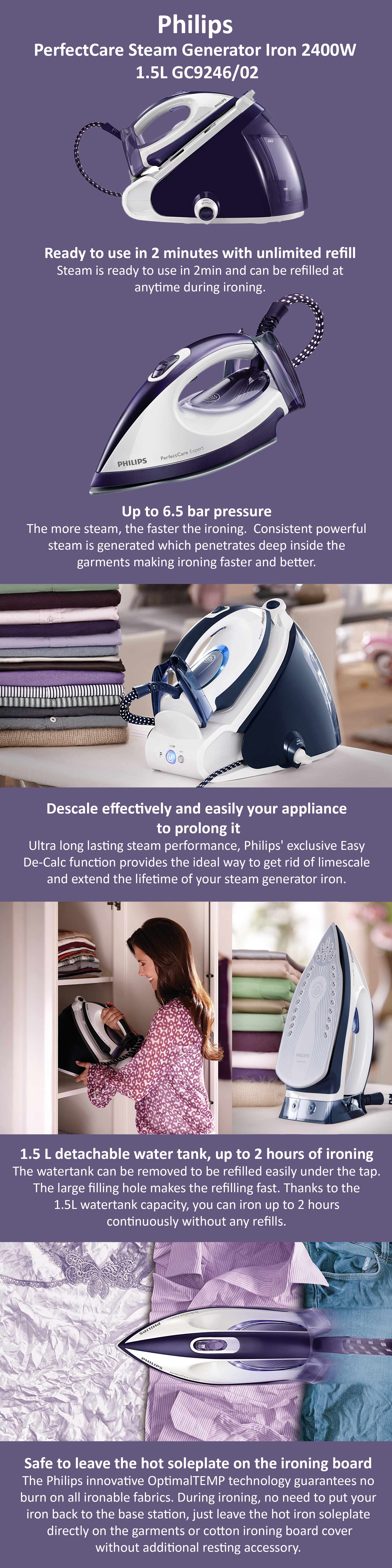 PerfectCare Steam Generator Iron 2400W 1.5L GC9246/02 Purple/White