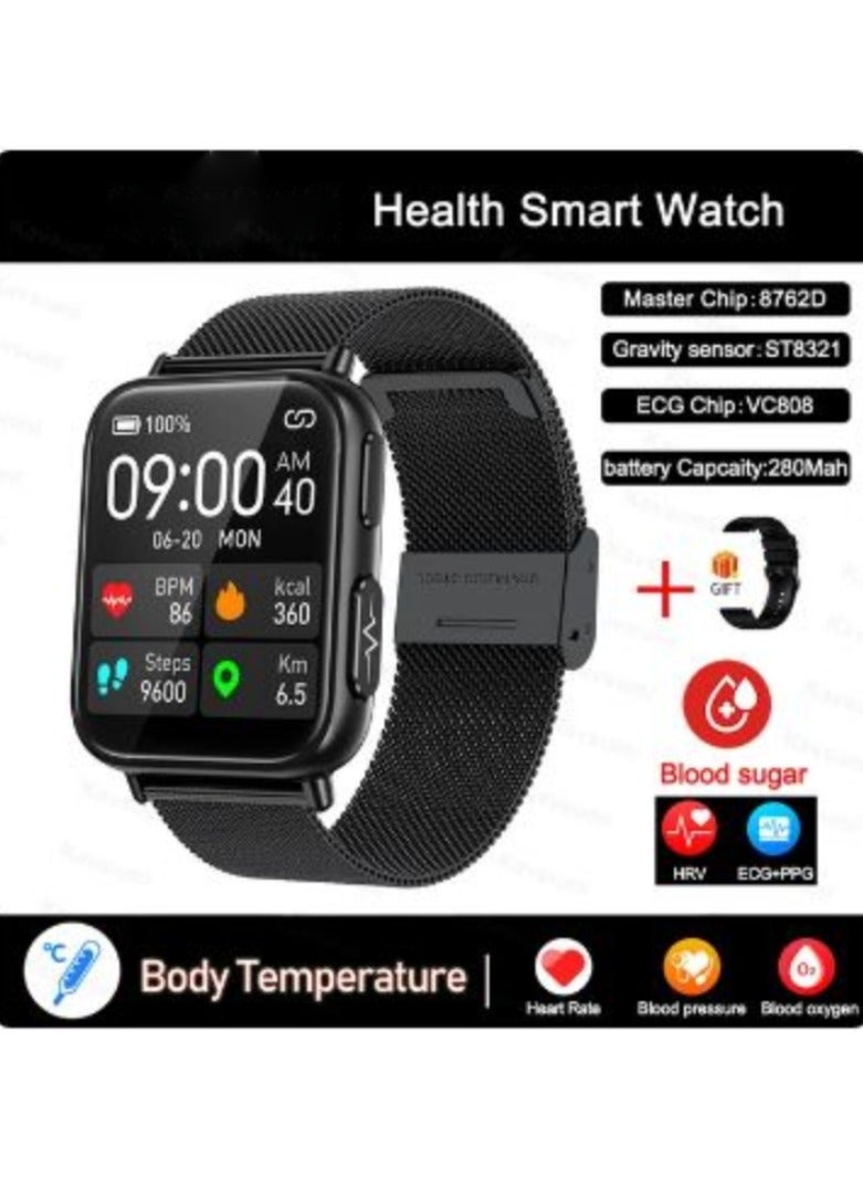 Accurate Measure Blood Sugar Smart Watch Men ECG+PPG Heart Rate Blood Oxygen Health Smartwatch Women Sport Watches( Mesh Belt Strap With 1Extra Strap )