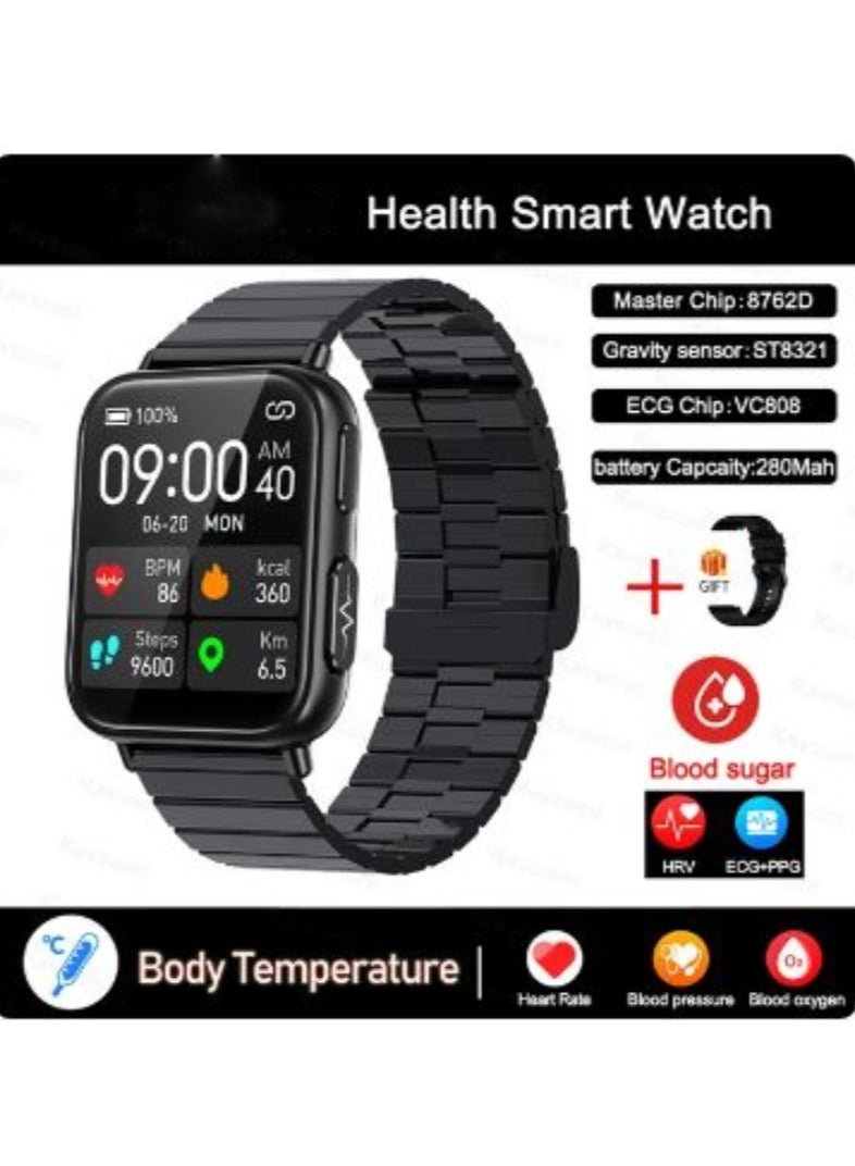 Accurate Measure Blood Sugar Smart Watch Men ECG+PPG Heart Rate Blood Oxygen Health Smartwatch Women Sport Watches( Steel With 1Extra Strap )