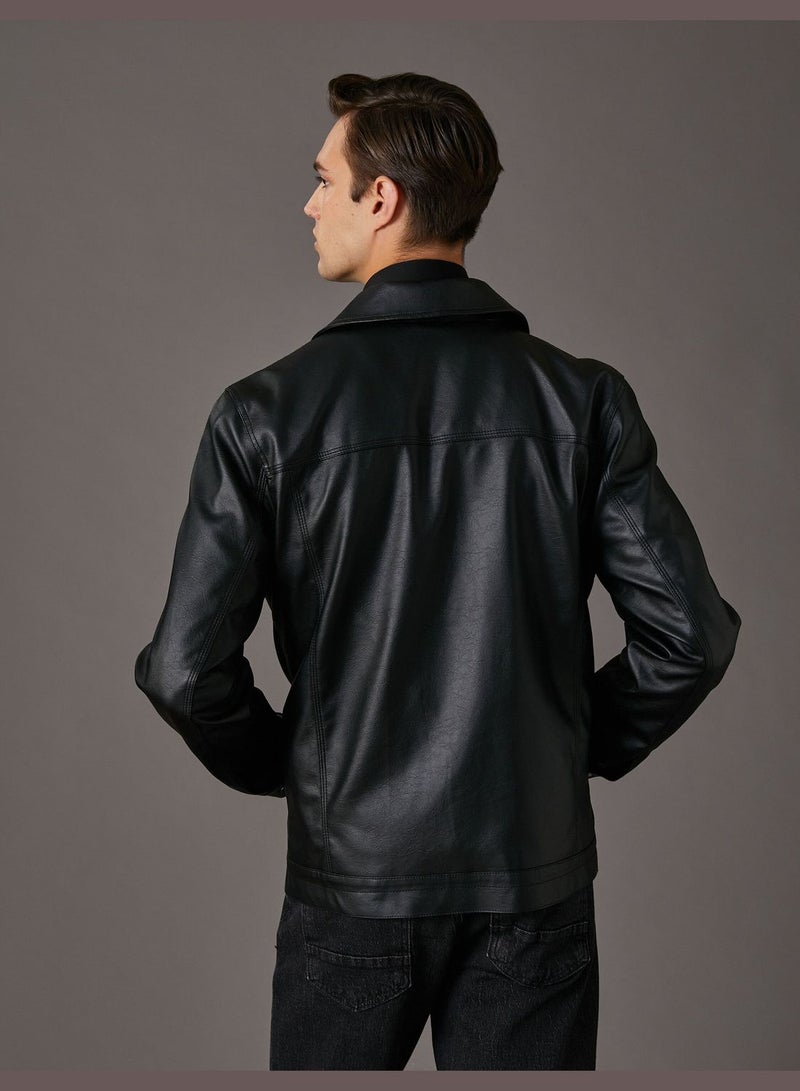 Faux Leather Double Pocket Classic Neck Snap Buttoned Jacket