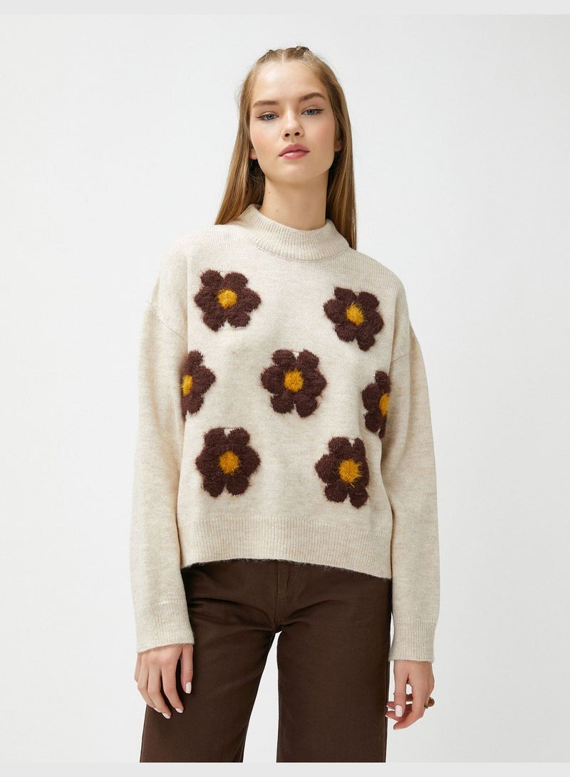 Crew Neck Ribbed Long Sleeve Floral Sweater