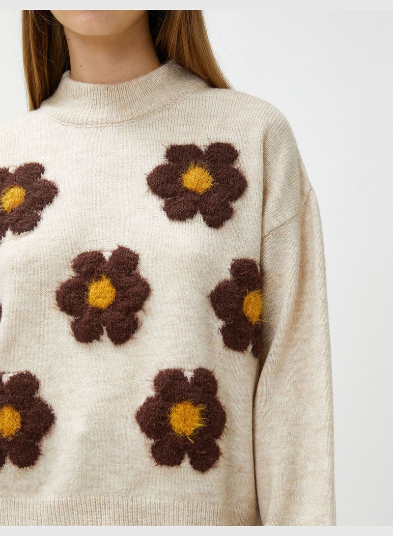 Crew Neck Ribbed Long Sleeve Floral Sweater