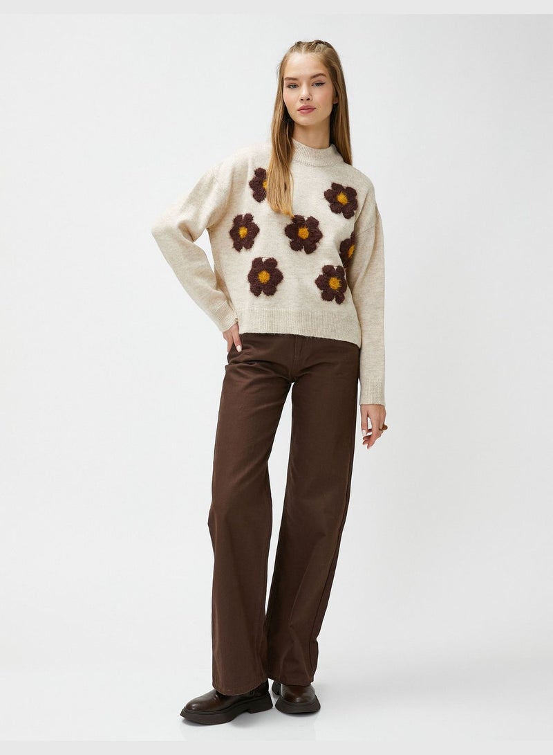 Crew Neck Ribbed Long Sleeve Floral Sweater