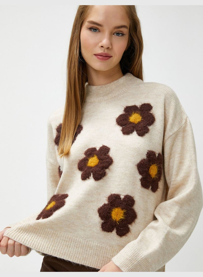 Crew Neck Ribbed Long Sleeve Floral Sweater