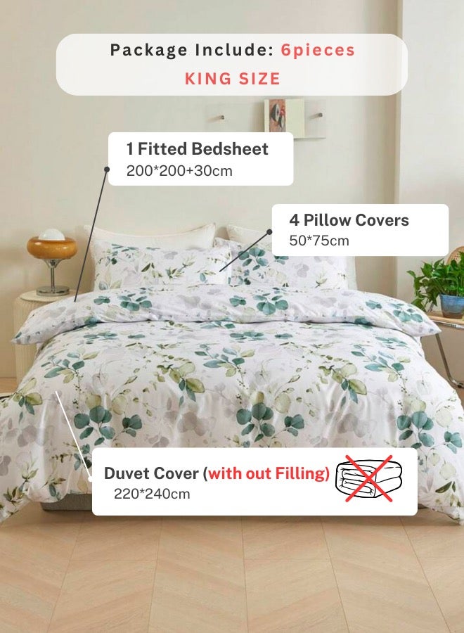 King Size 6 Pieces, Green Leaves Design Bedding set