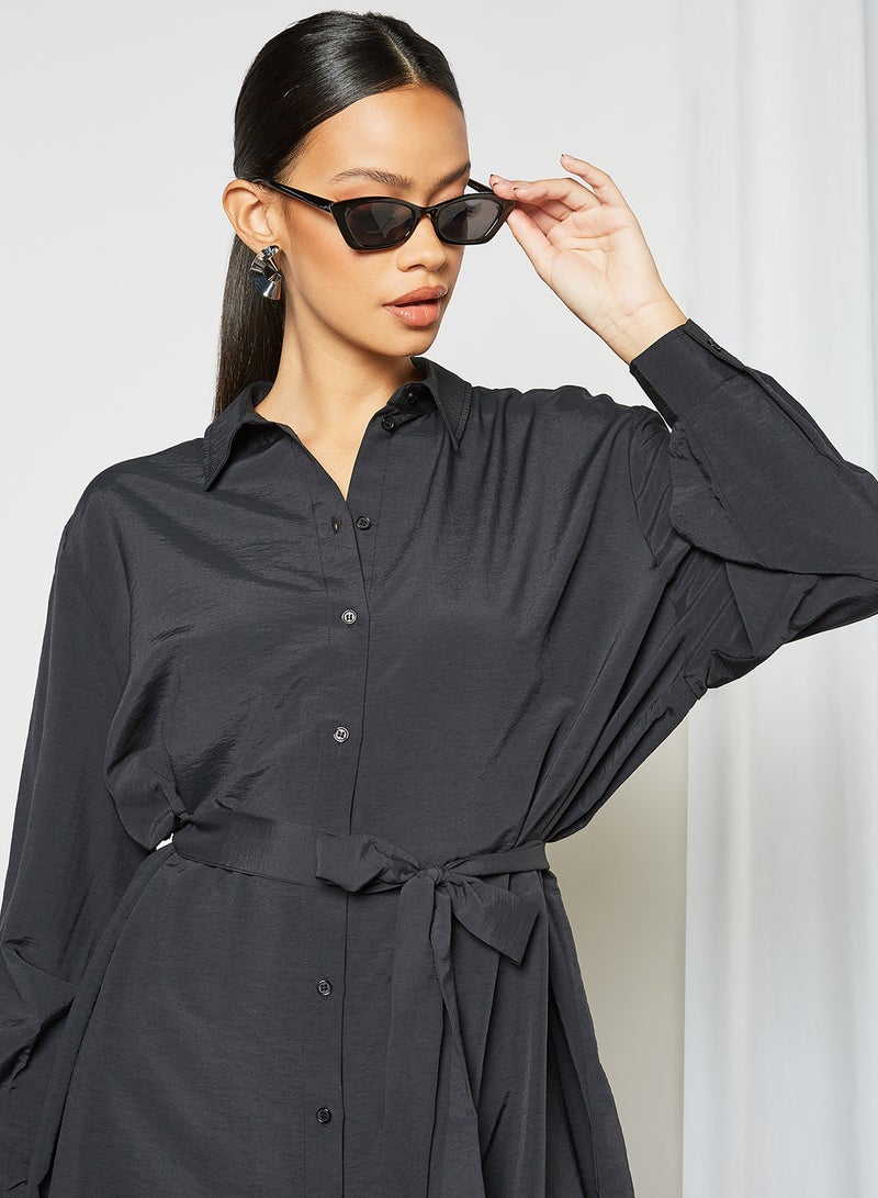 Waist Tie Longline Shirt Black