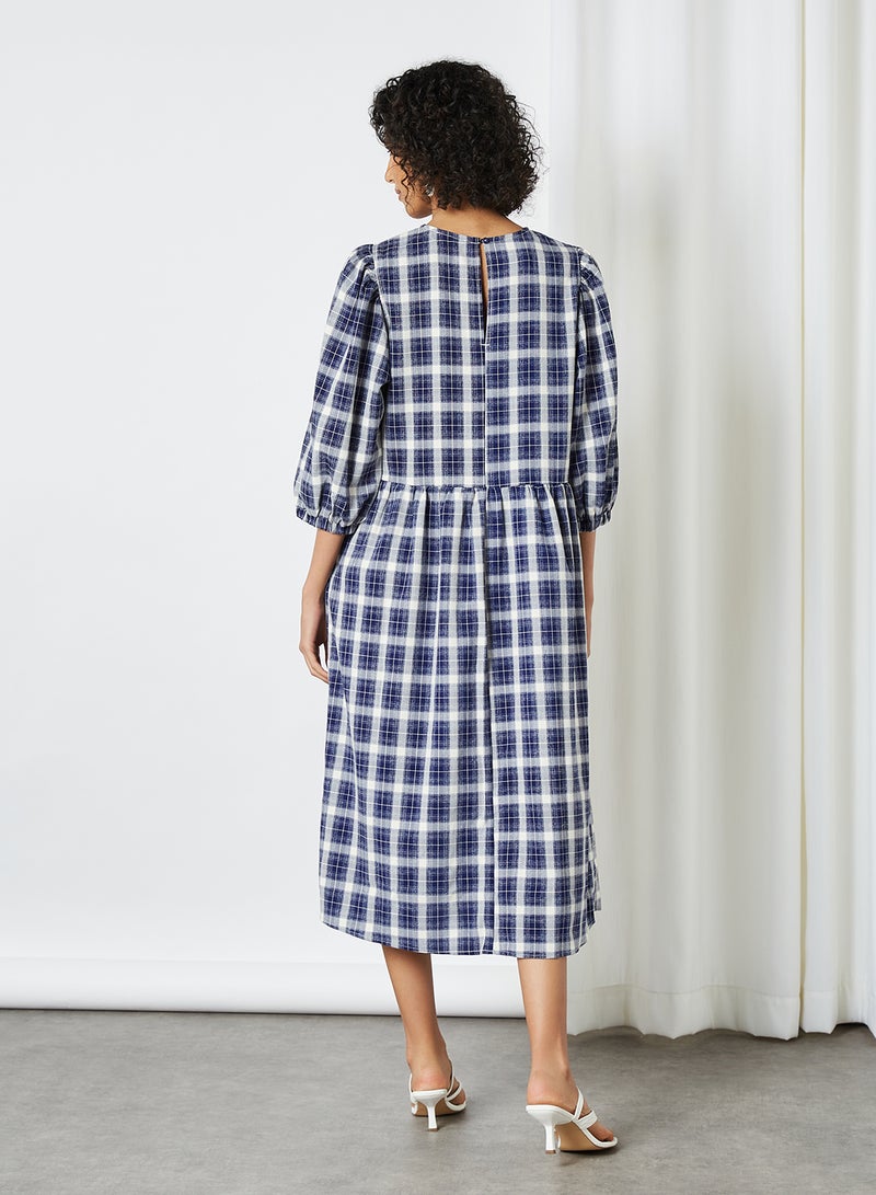 Gather Detailed Checked Dress Blue Depths