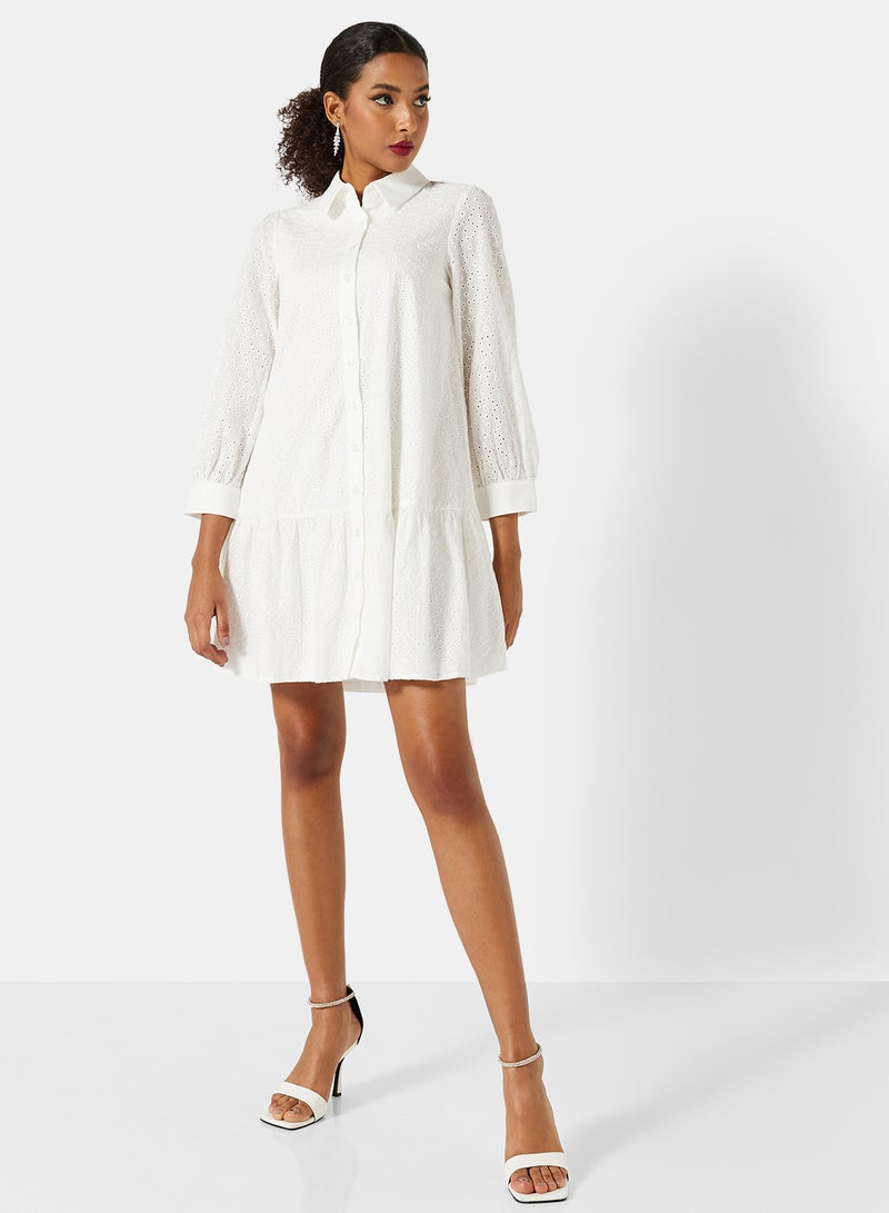 Schiffli Shirt Dress White