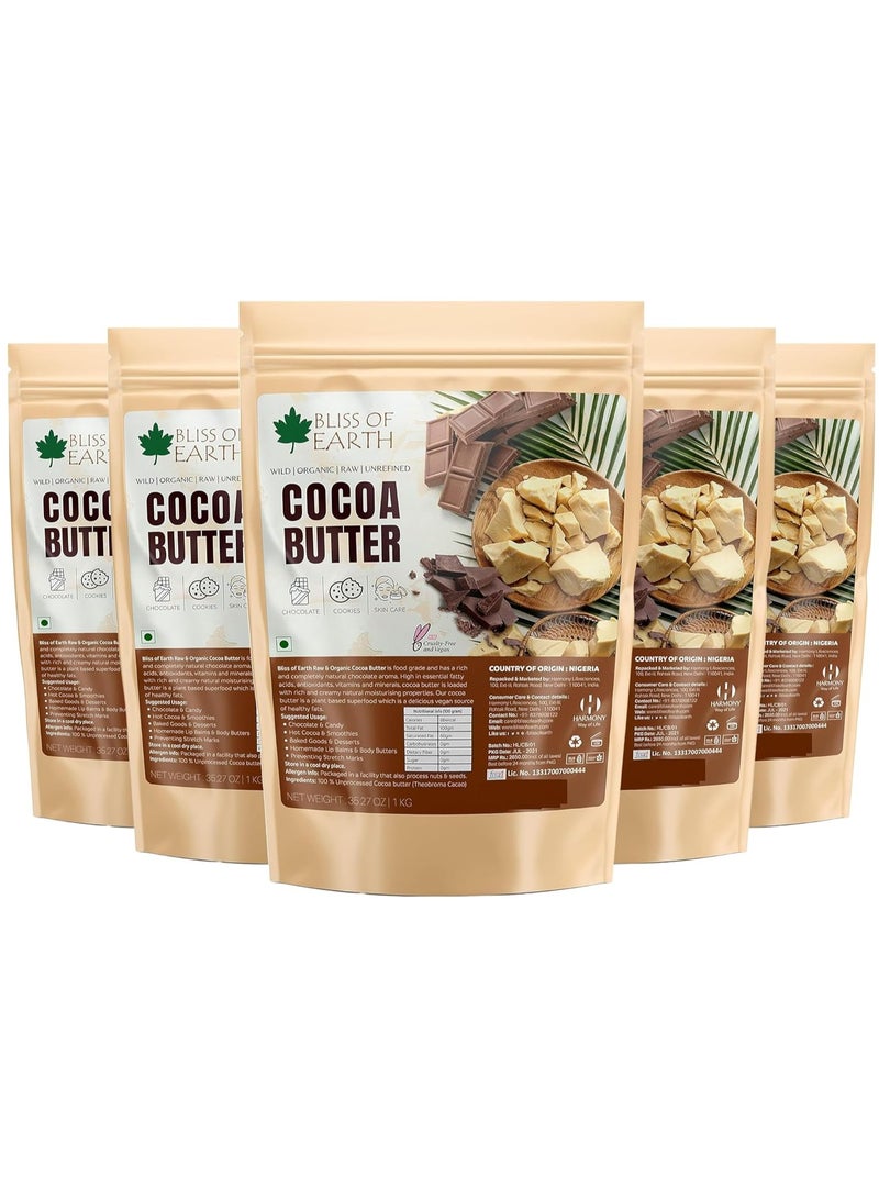 Organic Cocoa Butter 1KG for Chocolate Making Food Grade Raw and Organic For Hair Skin Pack of 5