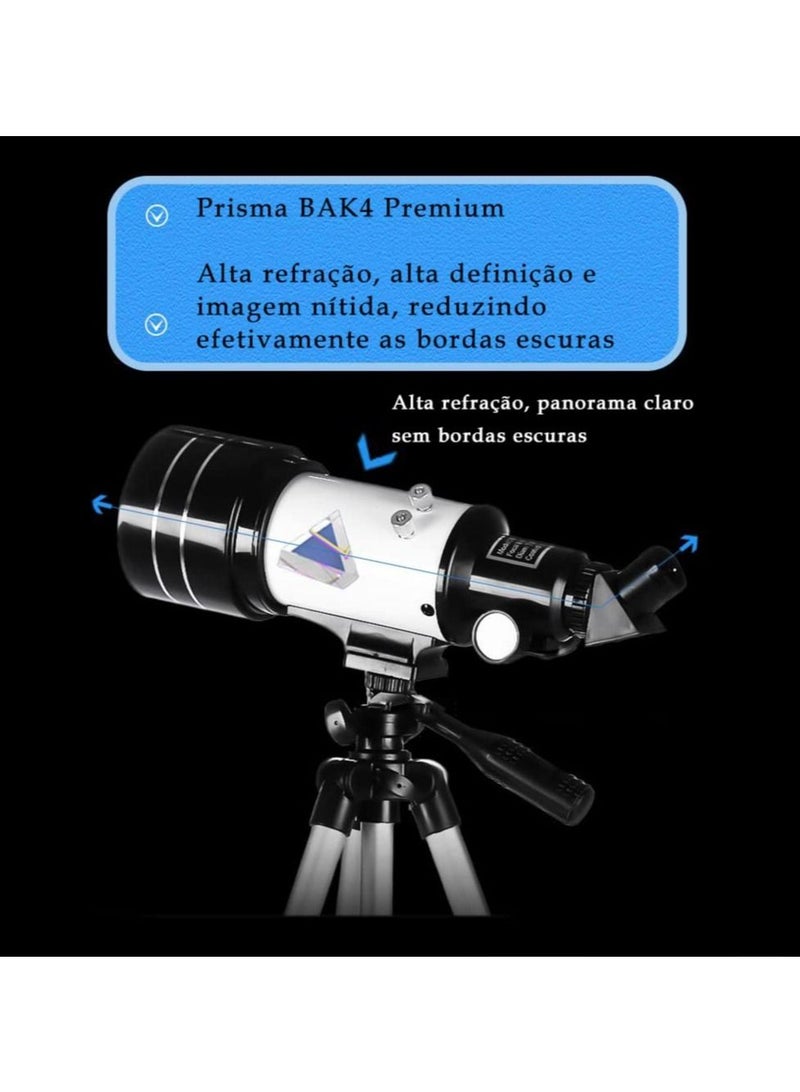 Astronomical telescope, direct viewing of stars, with tripod and mobile phone holder, High-power monocular telescope 150X refractor bezel, with AstroSolar