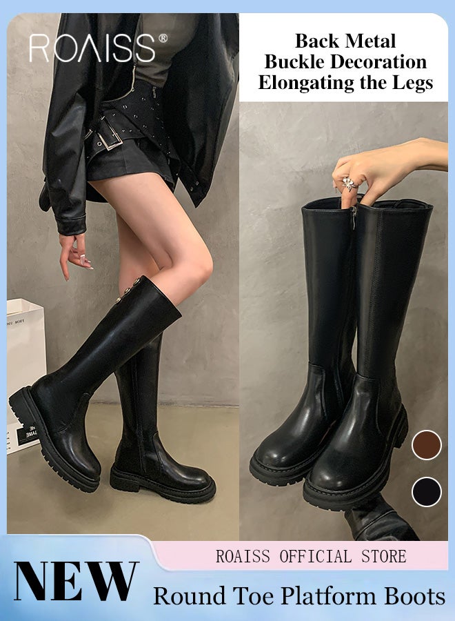 Women Knee High Riding Boots Round Toe Thick Platform Tall Boots Enhancing Calf Shape Spacious Shaft Circumference Ample Volume Elevated Height with Thick Soles Fashionable and Versatile