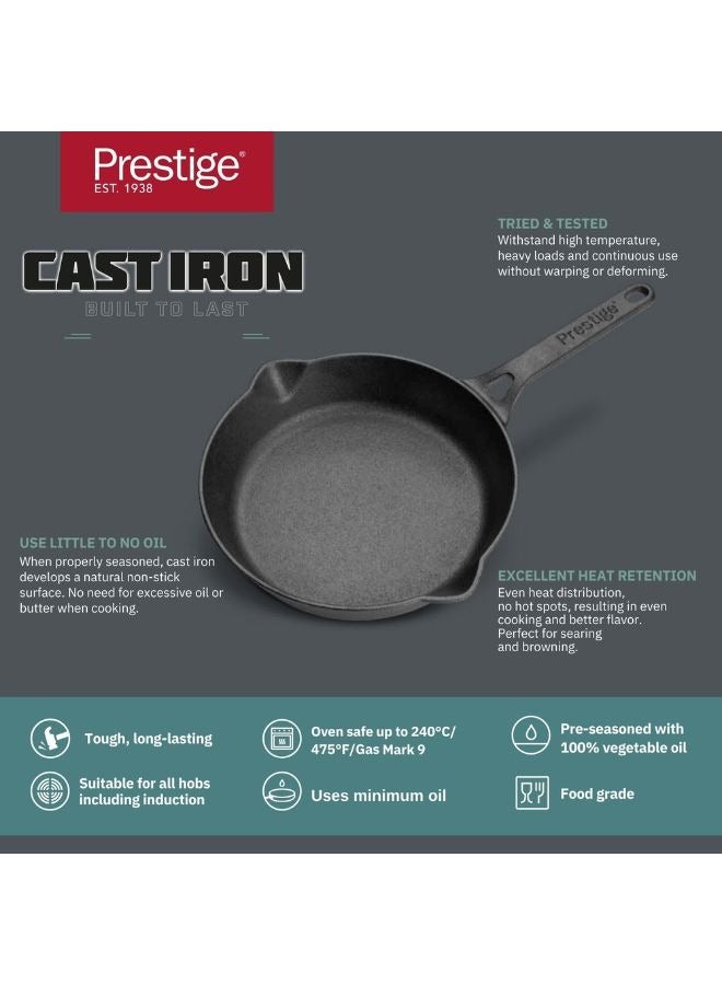 Prestige Cast Iron Fry Pan 22 cm | Cast Iron Skillet | Induction Frying Pan | Iron Fry Pan |  Pre-Seasoned Cast Iron Cookware PR48902