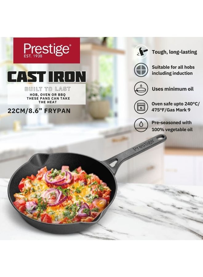 Prestige Cast Iron Fry Pan 22 cm | Cast Iron Skillet | Induction Frying Pan | Iron Fry Pan |  Pre-Seasoned Cast Iron Cookware PR48902