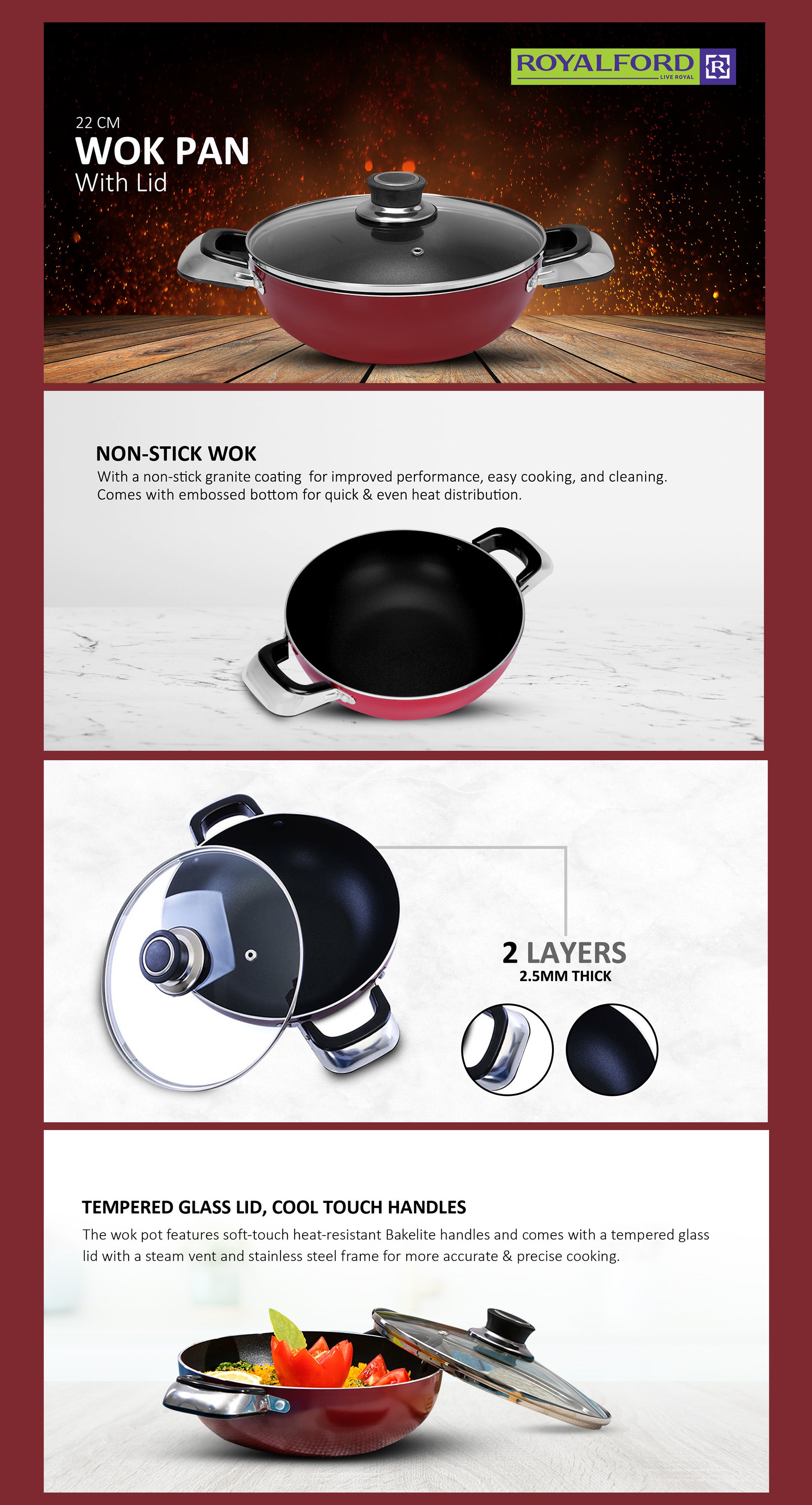 22Cm Wokpan With Glass Lid 3 Layer Non-Stick Coating 22X7Cm Multi Color Multi Color 22X7Cmcm