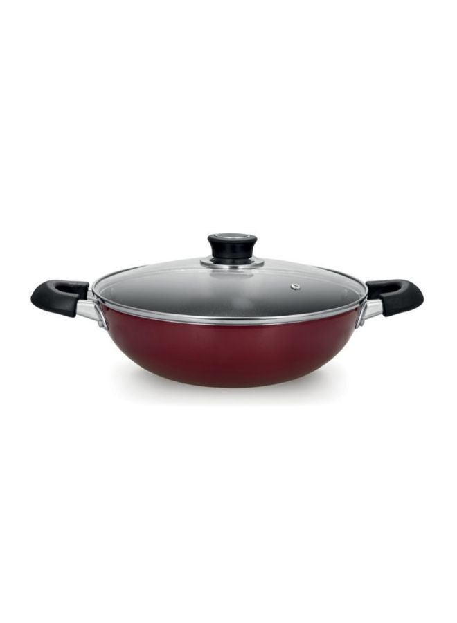 Aluminium Wok Pan With Glass Lid Red/Clear/Black 22cm