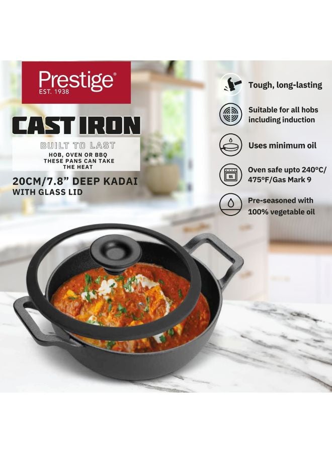 Prestige Cast Iron Kadai 20 CM | Iron Kadhai with Glass Lid for Cooking and Deep Frying |  Pre Seasoned Induction Cookware Black - PR48894