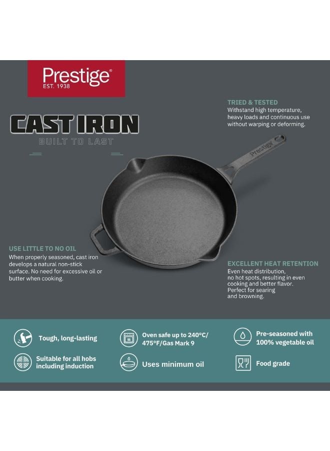 Prestige Cast Iron Fry Pan 26 cm | Cast Iron Skillet | Induction Frying Pan | Iron Fry Pan |  Pre-Seasoned Cast Iron Cookware PR48889
