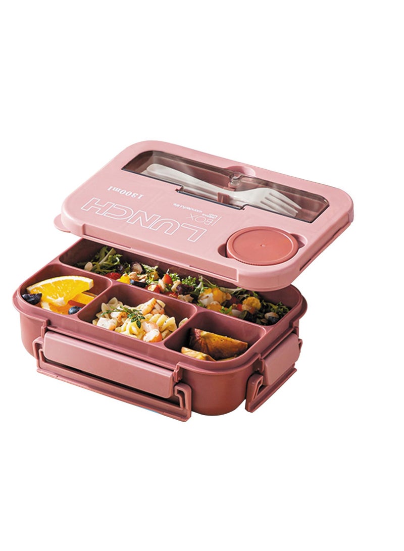 Versatile 4-Compartment Bento Box, 1300ml Lunch Box for Adults Men Women, Leak-Resistant, Lunchable Food Container with Utensils, Sauce Jar, Microwave & Dishwasher Safe (Pink)