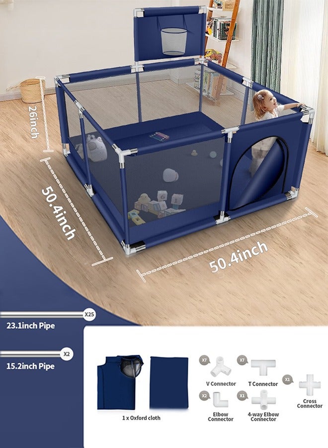 Foldable Baby Playpen With Safety Fence And Basketball Hoop For Indoor Outdoor - Blue, 50 inches