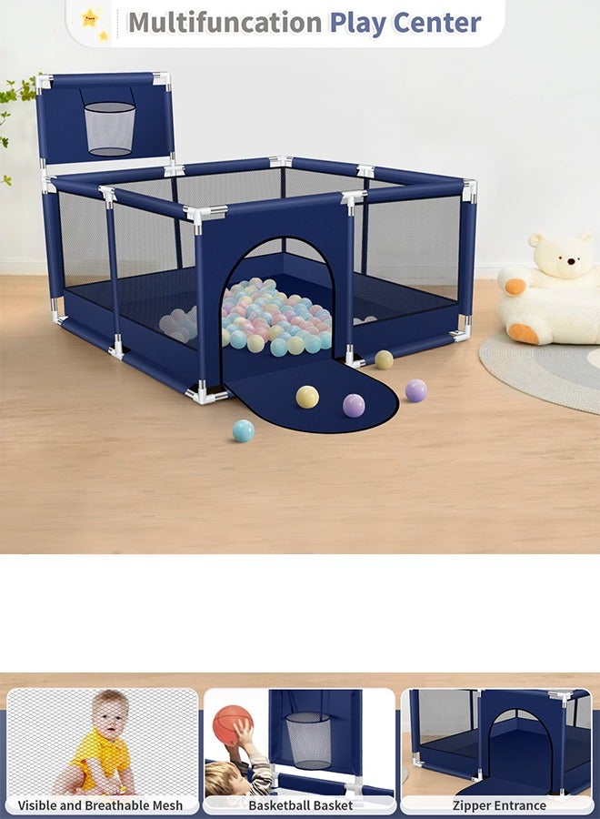 Foldable Baby Playpen With Safety Fence And Basketball Hoop For Indoor Outdoor - Blue, 50 inches