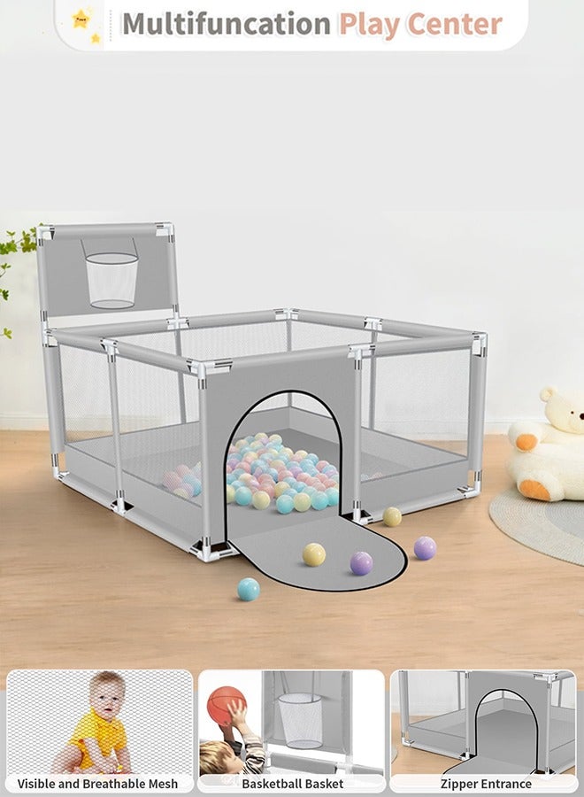 Foldable Baby Playpen With Safety Fence And Basketball Hoop For Indoor Outdoor - Grey, 50 inches