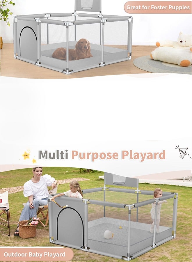 Foldable Baby Playpen With Safety Fence And Basketball Hoop For Indoor Outdoor - Grey, 50 inches