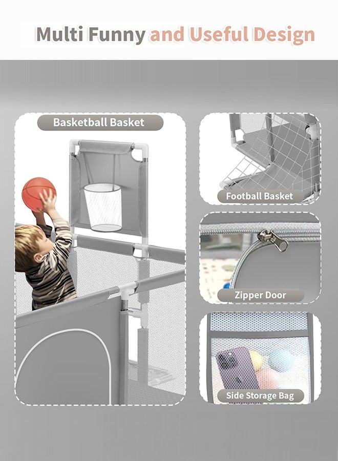 Baby Playpen,71 Inch Extra Large Baby Playard With Basketball Hoop and Breathable Mesh,Children Kids Play Fence for Indoors Outdoors, Grey