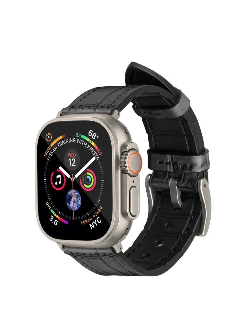 A-Case its My Case Javan Series Genuine Leather Band Compatible with Apple watch Series Ultra 1/2 .7.6.5.4.3.SE Sizes 42/44/45/49MM Titanium - Black