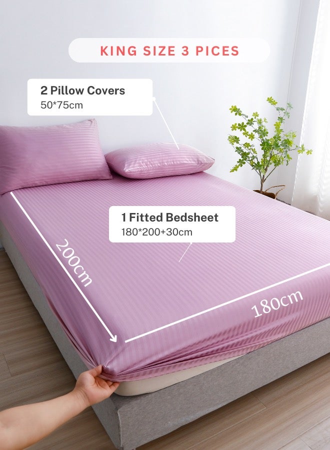 3 Pieces Set Bedsheet With 2 Pillow Cases Greige Violet