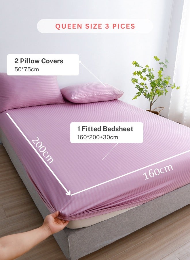 3 Pieces Set Bedsheet With 2 Pillow Cases Greige Violet