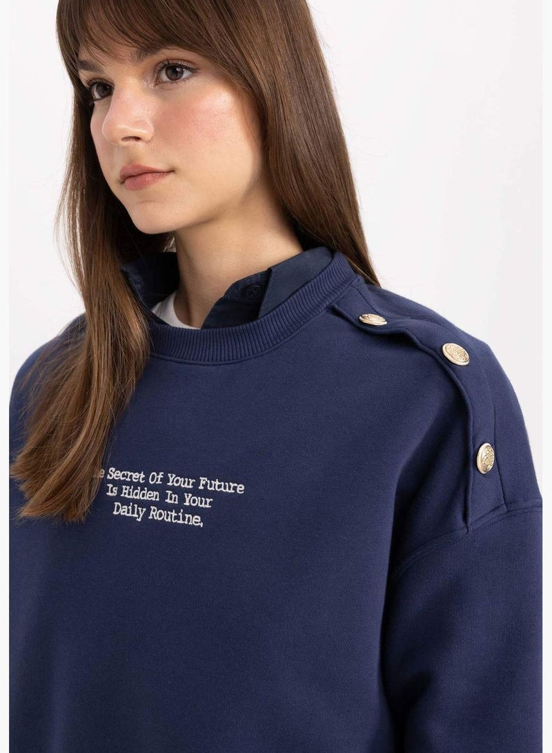 Regular Fit Thick Sweatshirt Fabric Crew Neck Slogan Sweat Tunic