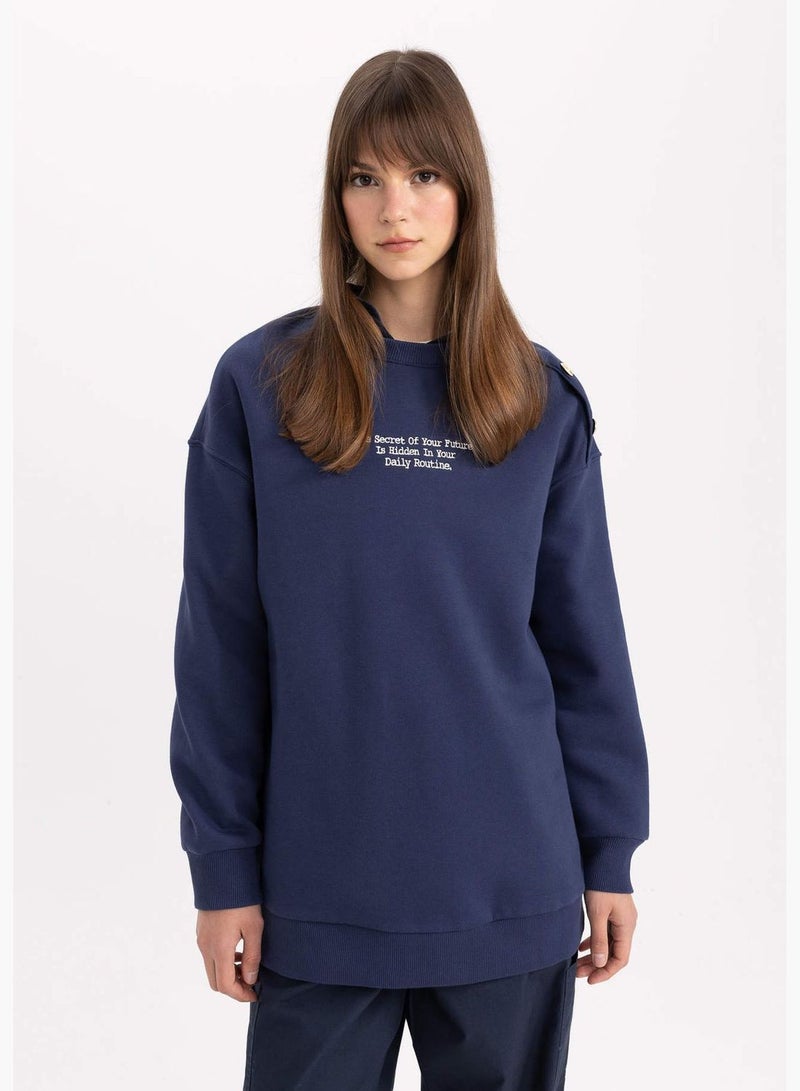 Regular Fit Thick Sweatshirt Fabric Crew Neck Slogan Sweat Tunic