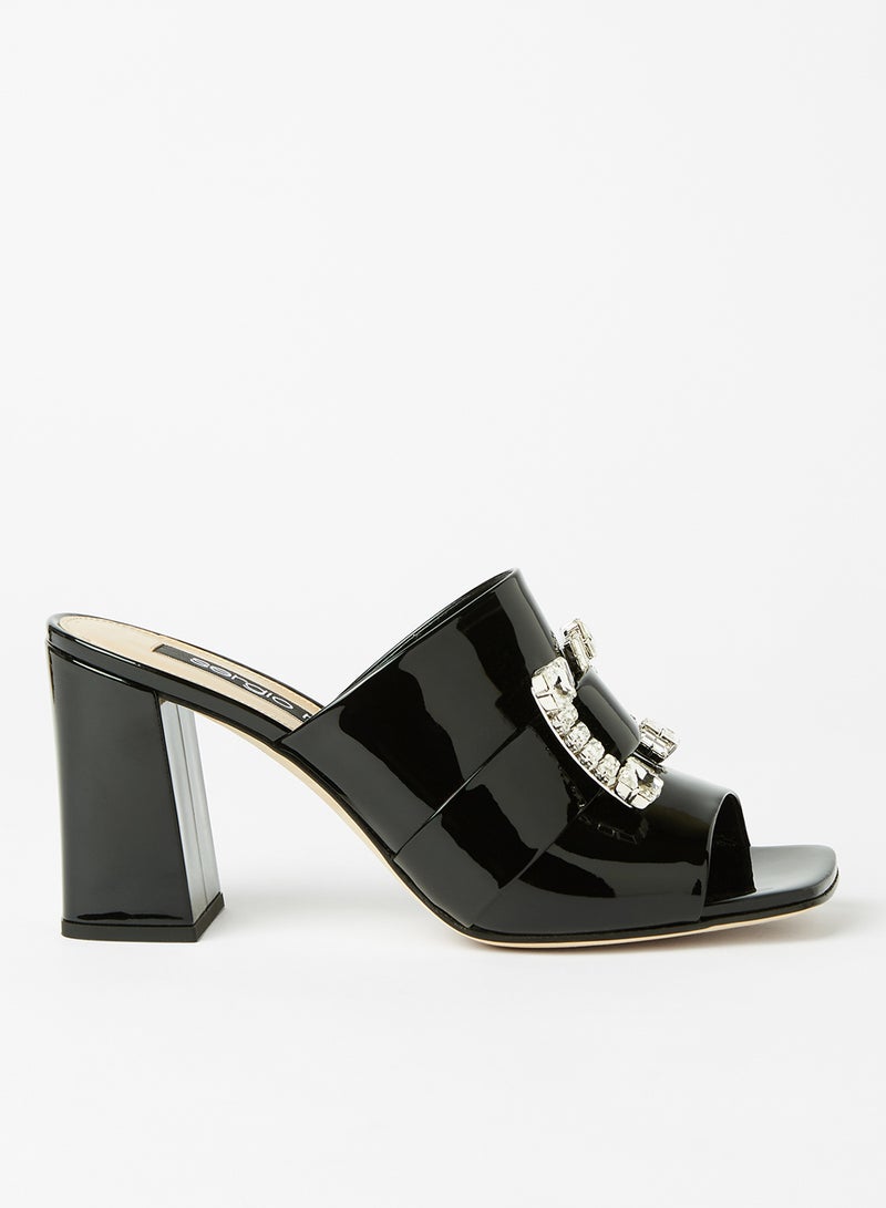 Embellished Block Heel Sandals Black