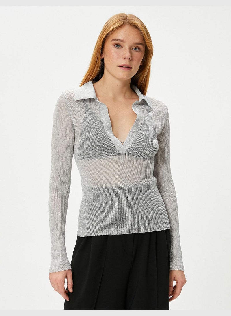 Long Sleeve Glitter Ajoure Polo Neck Sweater