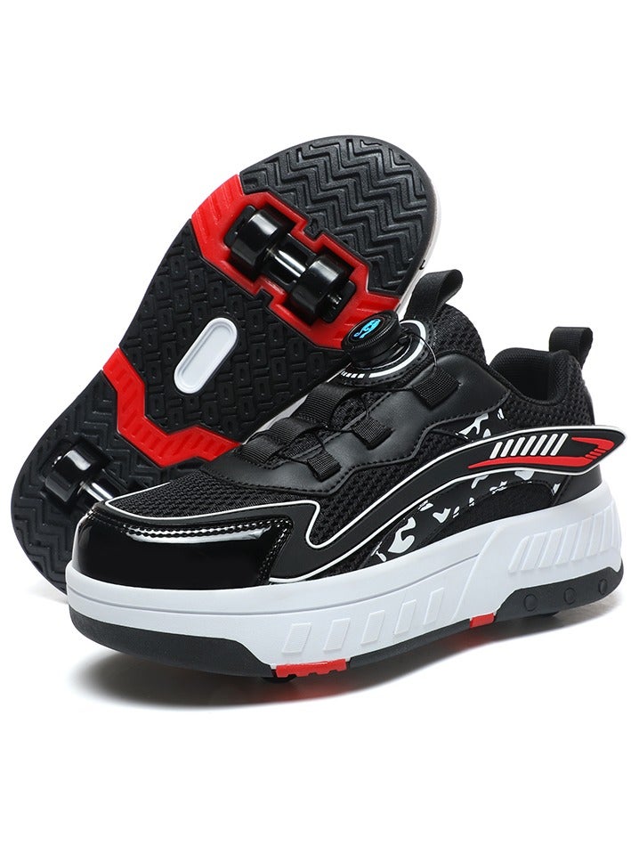 Skate Shoes Outdoor Sport Sneaker Automatic Walking Shoes for Kids With Four Wheels (Black)