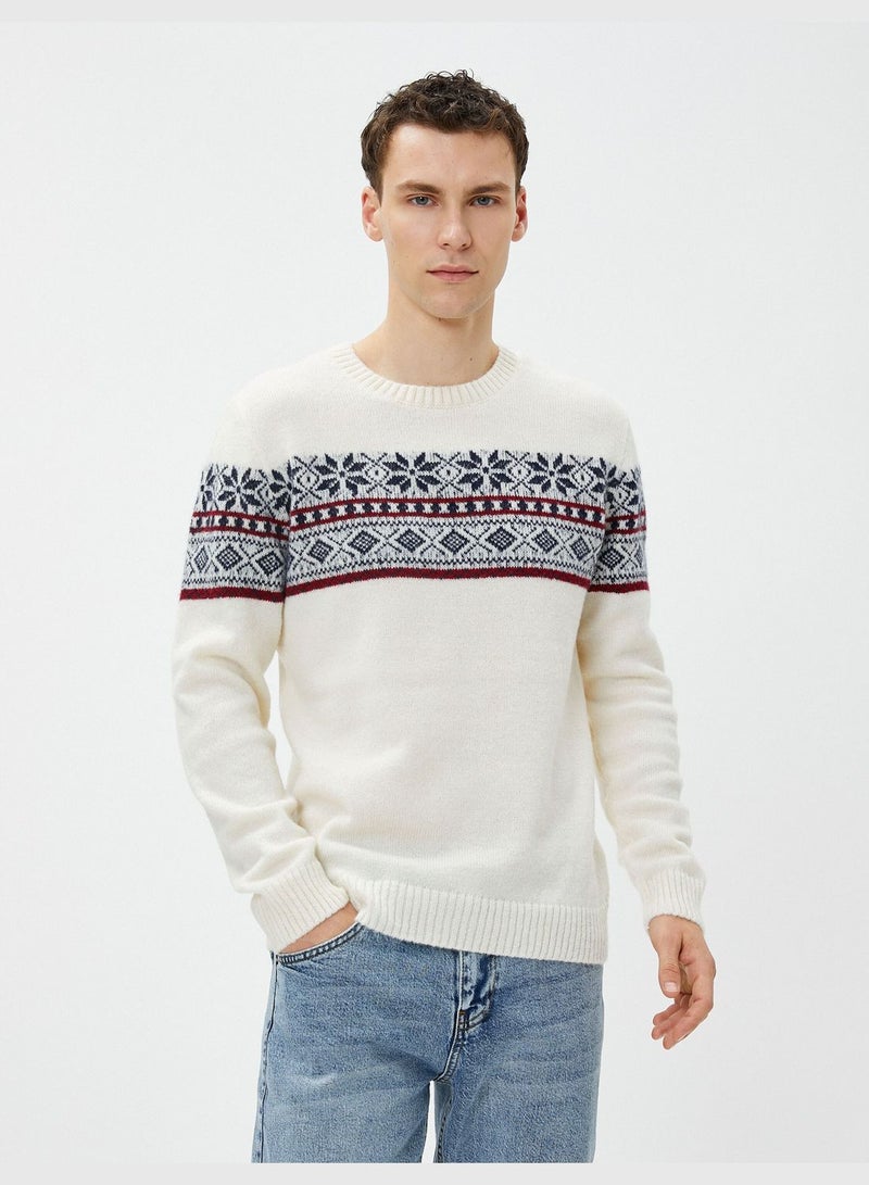 Acrylic Blend Sweater Crew Neck Ethnic Patterned