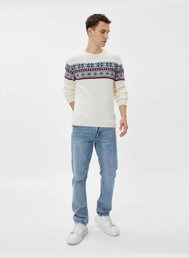 Acrylic Blend Sweater Crew Neck Ethnic Patterned